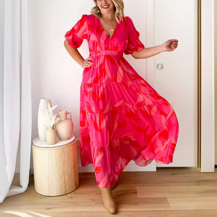 Ladies' flared maxi dress with V-neck, elastic underbust seam, and tiered skirt Mune Fashion