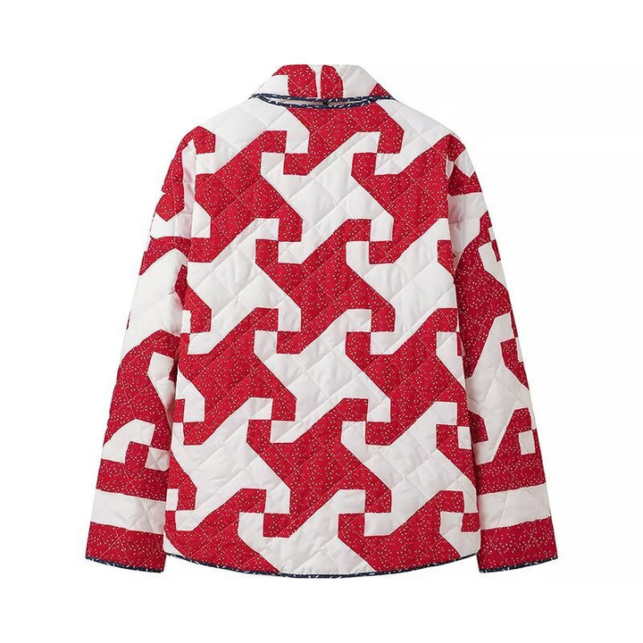 Women's quilted boxy kimono jacket with abstract all-over print and open front Mune Fashion