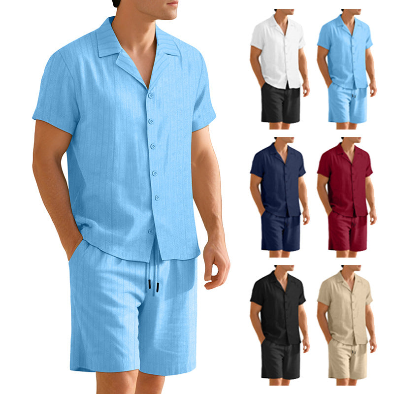 Men's ribbed knit lounge set with lapel collar short-sleeve shirt and comfort bermuda Mune Fashion