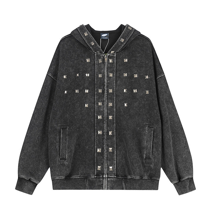 Women Oversize Zip Hoodie with Vintage Wash and Pyramid Studs Mune Fashion