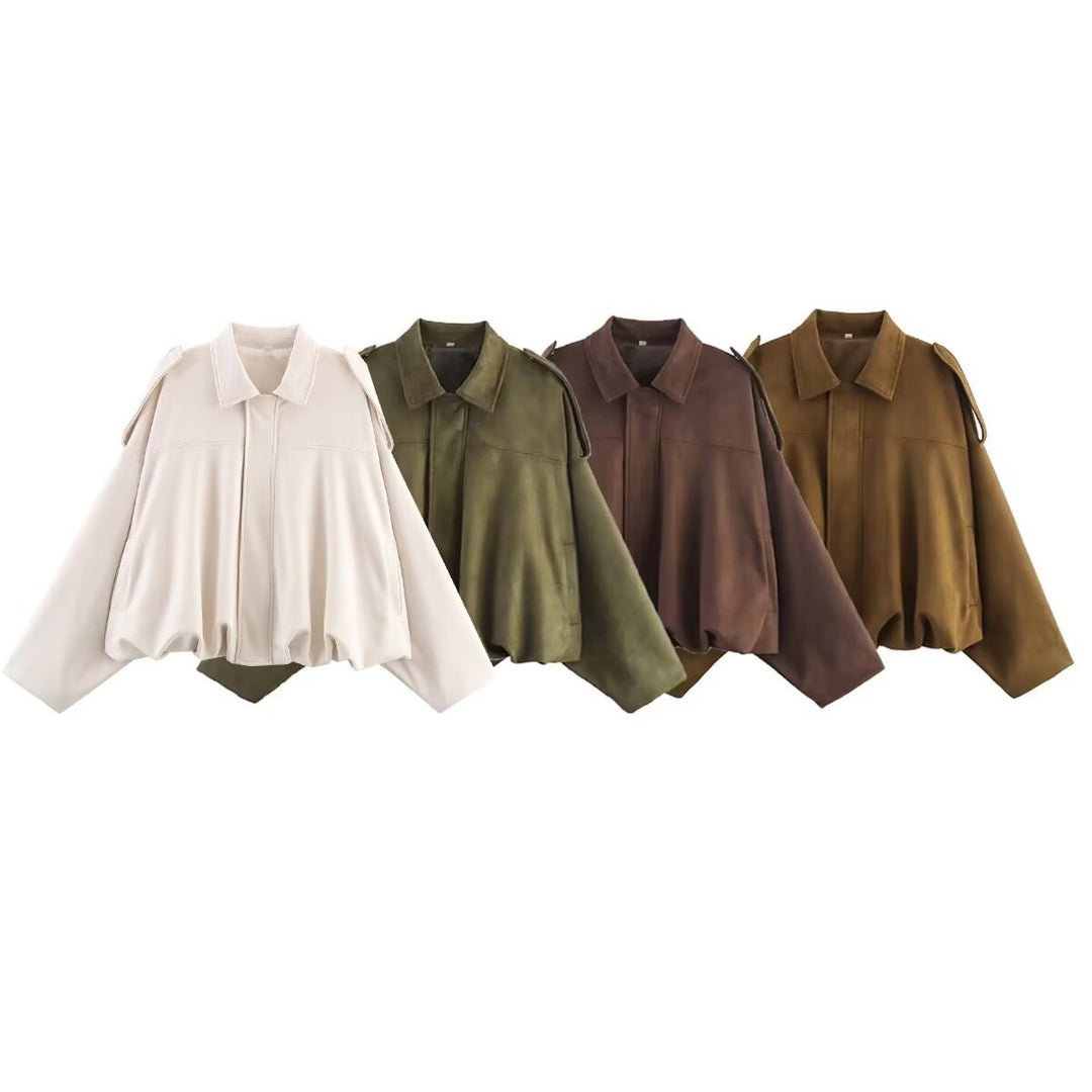 Women's Oversized Cropped Jacket in Suede Look with Cut-Out Shoulders and Drawstring Hem Mune Fashion