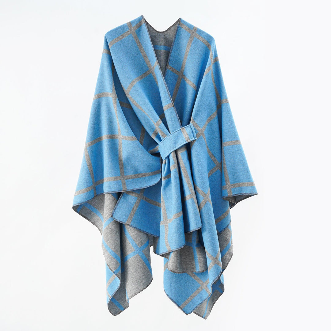 Women's Oversize Poncho made of fine knit with waistband and check pattern Mune Fashion