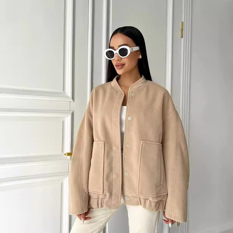 Women's short-cut boxy wool blend blouson with snap button placket and patch pockets Mune Fashion