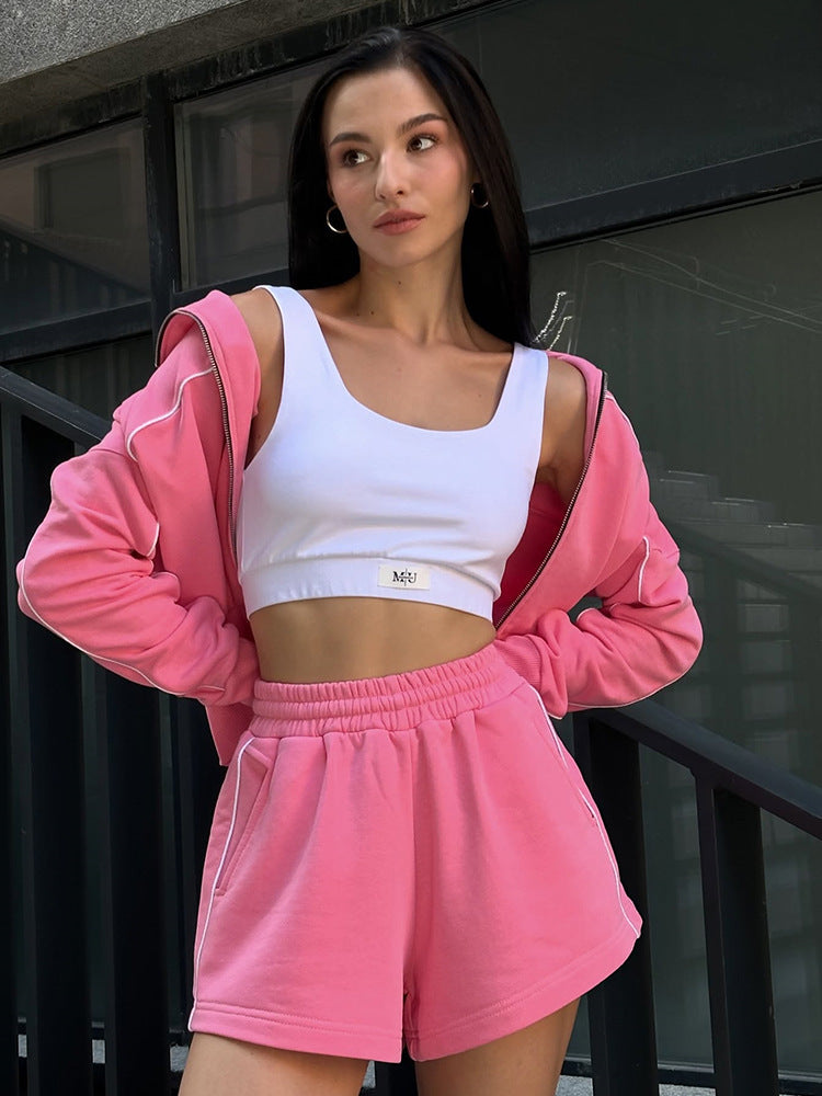 Women nan athletic two-piece with shaping sports bustier, tailored high-waist sweat shorts and zip hoodie Mune Fashion