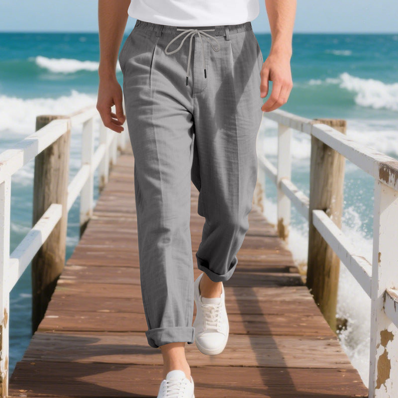 Men's beach-suitable linen blend lounge pants with elastic drawstring, subtle pleat, and rolled ankle hem Mune Fashion