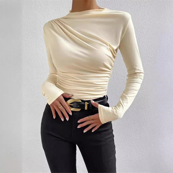 Women's fitted long-sleeve shirt with asymmetrical gathering at the front and boat neck Mune Fashion
