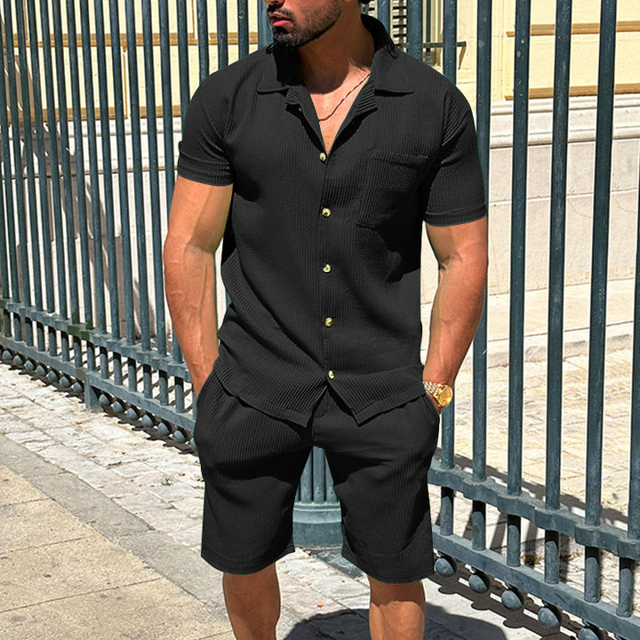 Men's casual two-piece leisure set made of ribbed jersey with shirt collar button placket and shorts Mune Fashion