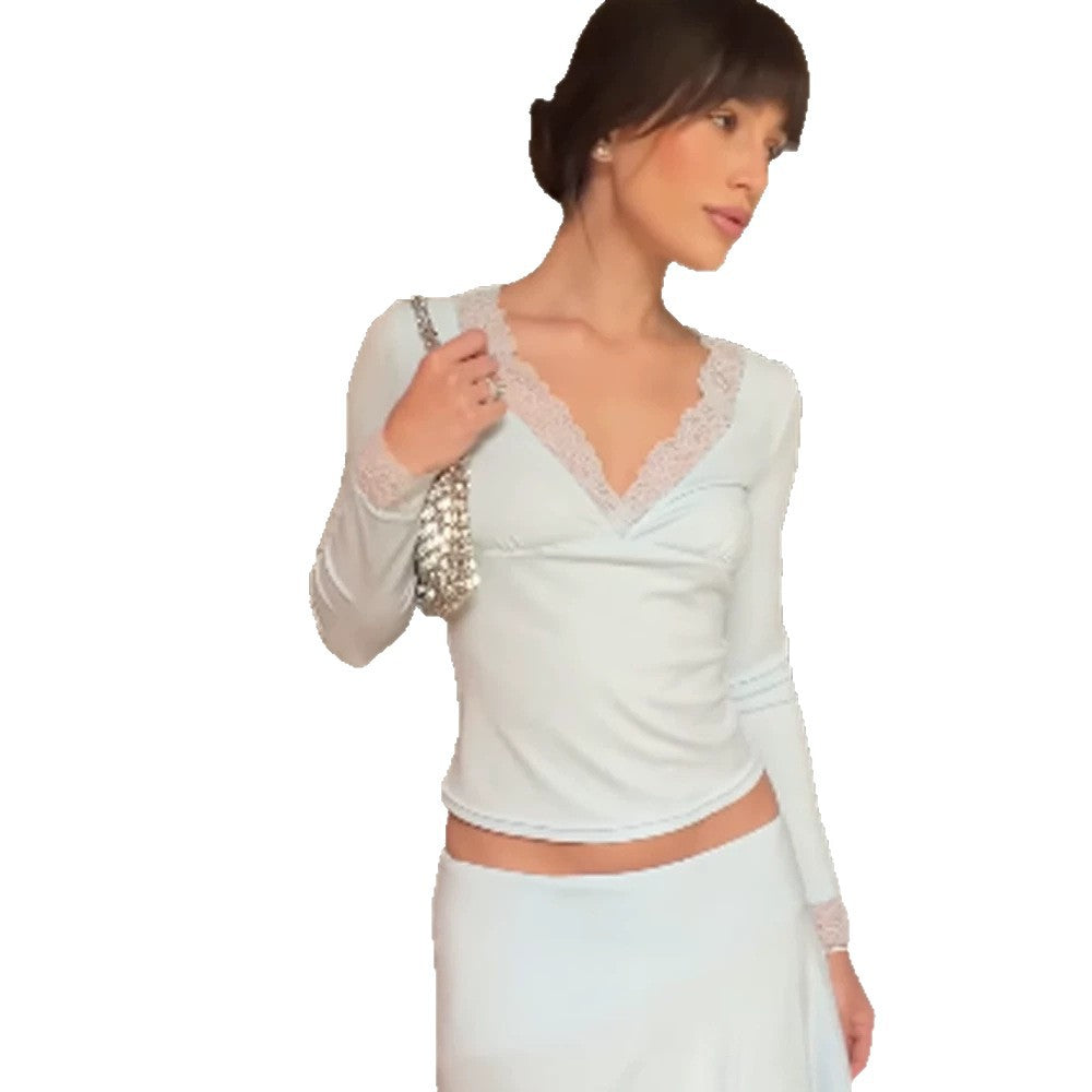 Women's Fitted Long Sleeve Top with Deep Lace V-Neck and Fine Cuffs Mune Fashion