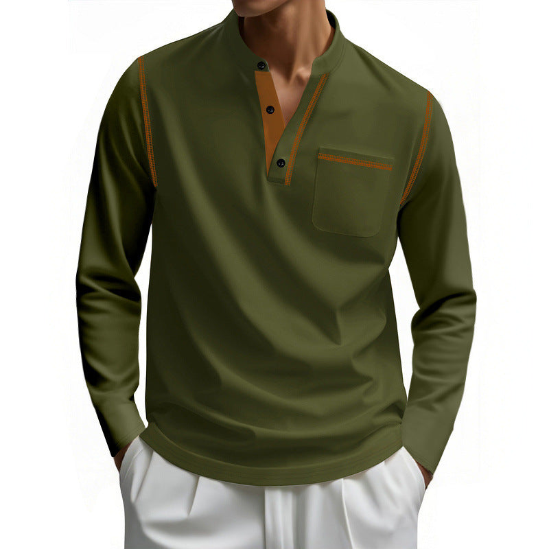 Men's long-sleeve cotton Henley with stand-up collar, chest pocket, and decorative seams Mune Fashion