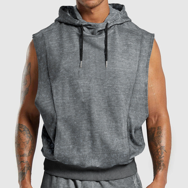 Men's sleeveless hoodie in stone-wash look with deep armholes and ribbed hem Mune Fashion