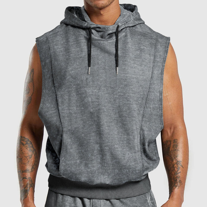 Men's sleeveless hoodie in stone-wash look with deep armholes and ribbed hem Mune Fashion