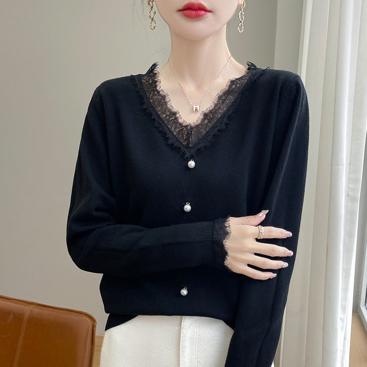 Women's Delicate V-Neck Fine Knit Cardigan with Floral Lace Edge and Bead Decoration Mune Fashion