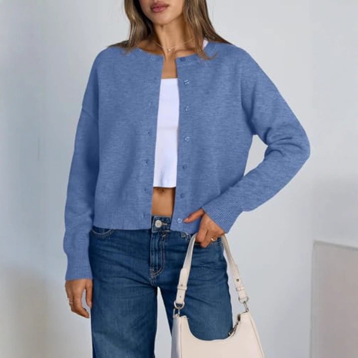 Women's Cropped Cardigan in Boxy Cut with Round Neck and Ribbed Cuffs Drune