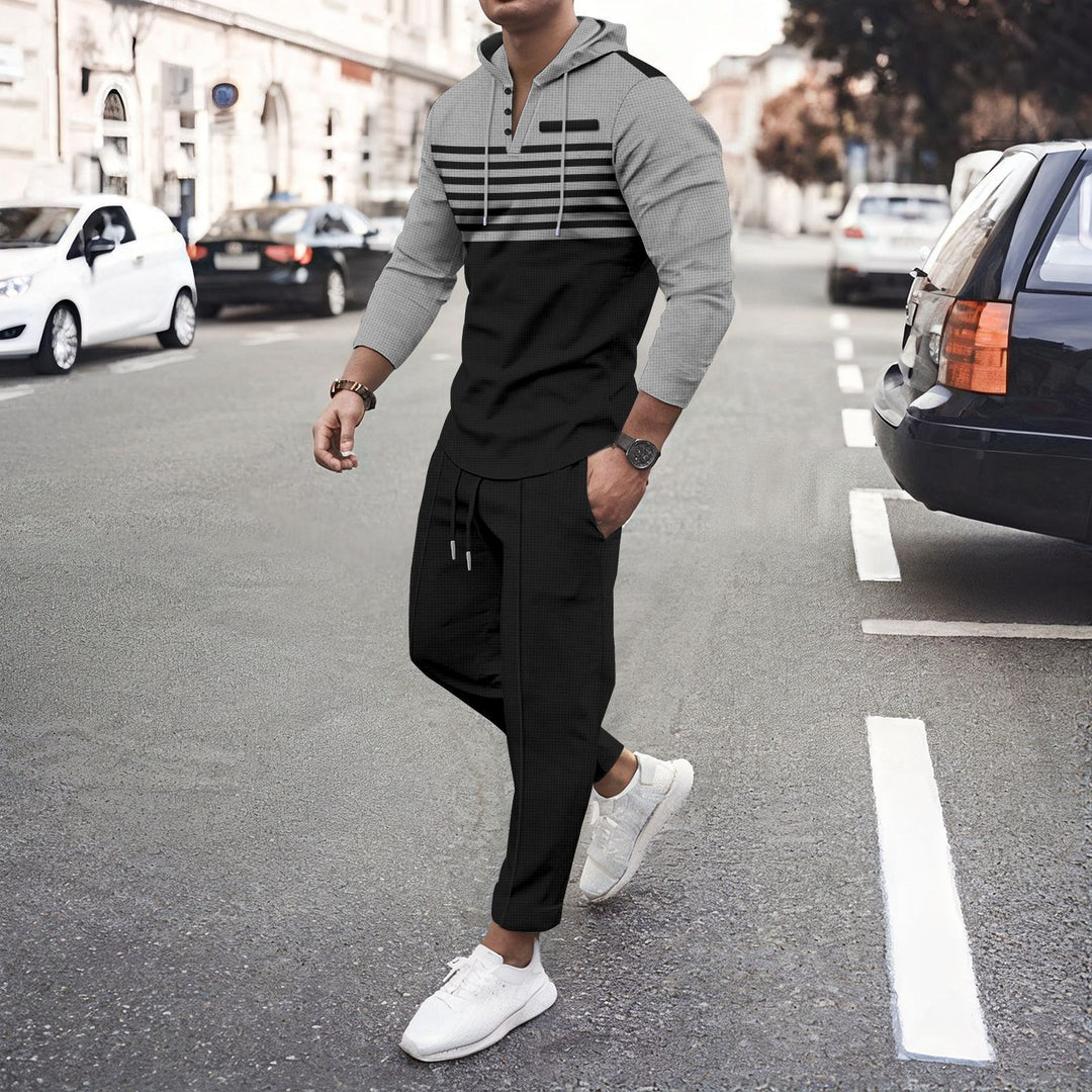 Men's urban hooded Henley leisure set with striped yoke and cropped jogger pants Mune Fashion