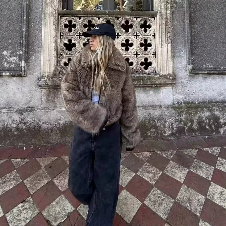 Women's Short Faux Fur Bomber Jacket with Voluminous Shawl Collar and Zipper Mune Fashion