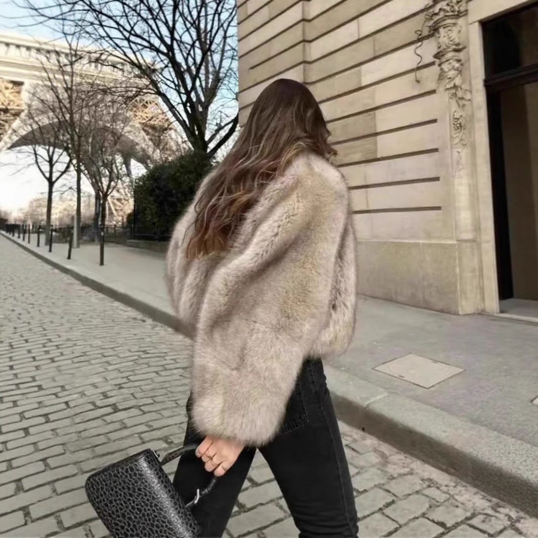 Women Cropped Faux Fur Bomber with Round Neck, Soft Draping High Pile and Boxy Silhouette Mune Fashion