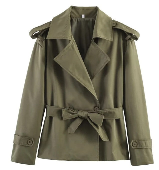 Women Tailored Short Trench Coat with Tie Belt and Epaulettes Mune Fashion