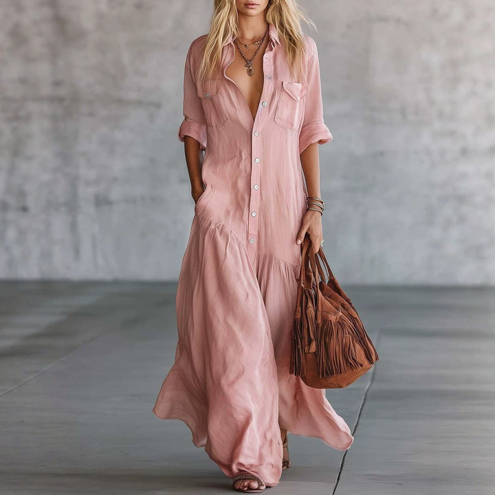 Ladies Long Flowing Shirt Blouse Maxi Dress with Button Placket, Applied Breast Pockets and Side Insert Pockets Mune Fashion