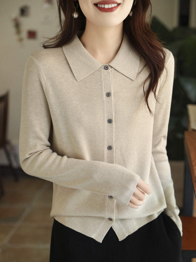 Women Lightweight Fine Knit Cardigan with Polo Collar and Continuous Button Placket Mune Fashion