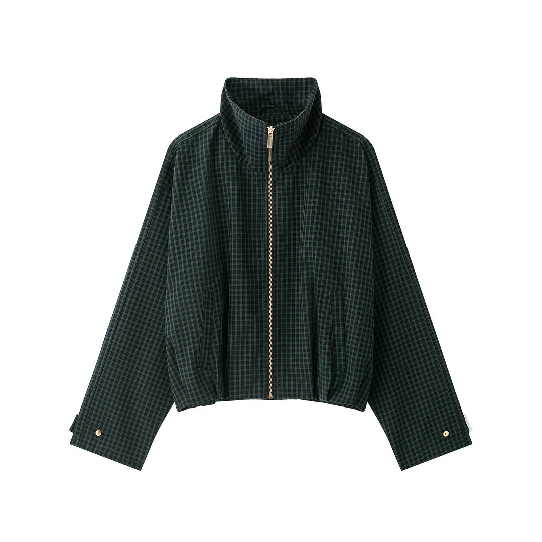 Women Checked Cropped Jacket with Stand-up Collar and Zipper Mune Fashion