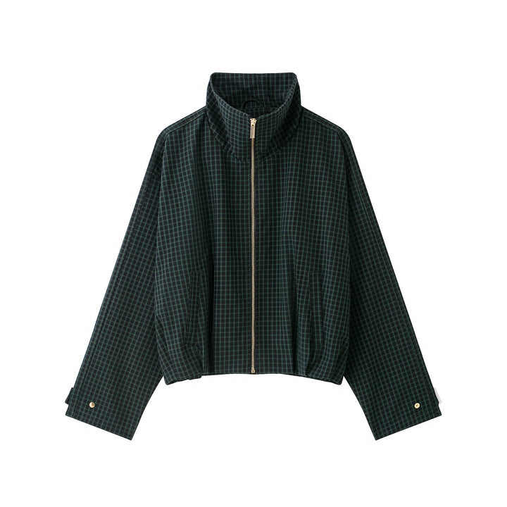 Women Checked Cropped Jacket with Stand-up Collar and Zipper Mune Fashion