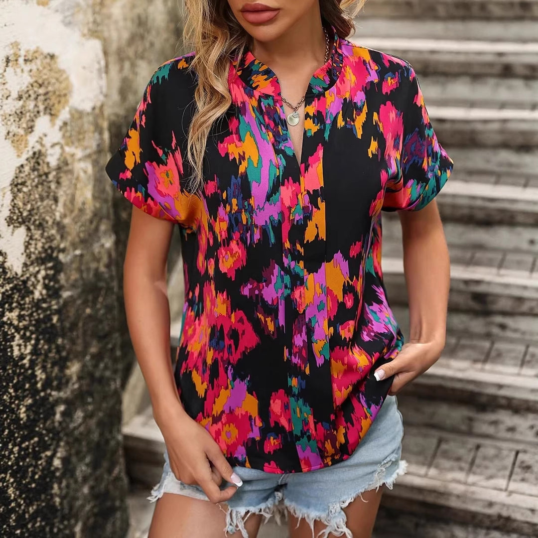 Ladies Lightweight Oversized Tunic Blouse with Stand-up Collar, Cap Sleeves and Large Floral Print Mune Fashion