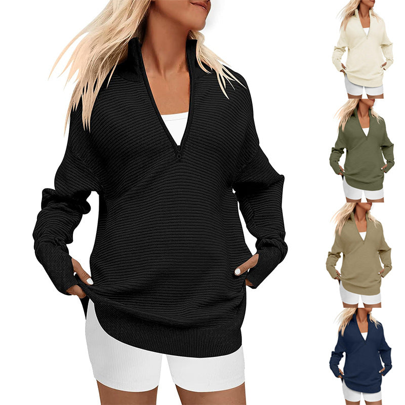 Ladies Oversized Fine Knit Sweater with Half Zipper, Stand Collar and Thumb Hole Sleeves Mune Fashion