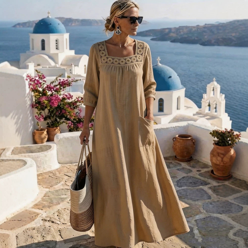 Ladies max dress with elegant round neckline and practical pockets Mune Fashion