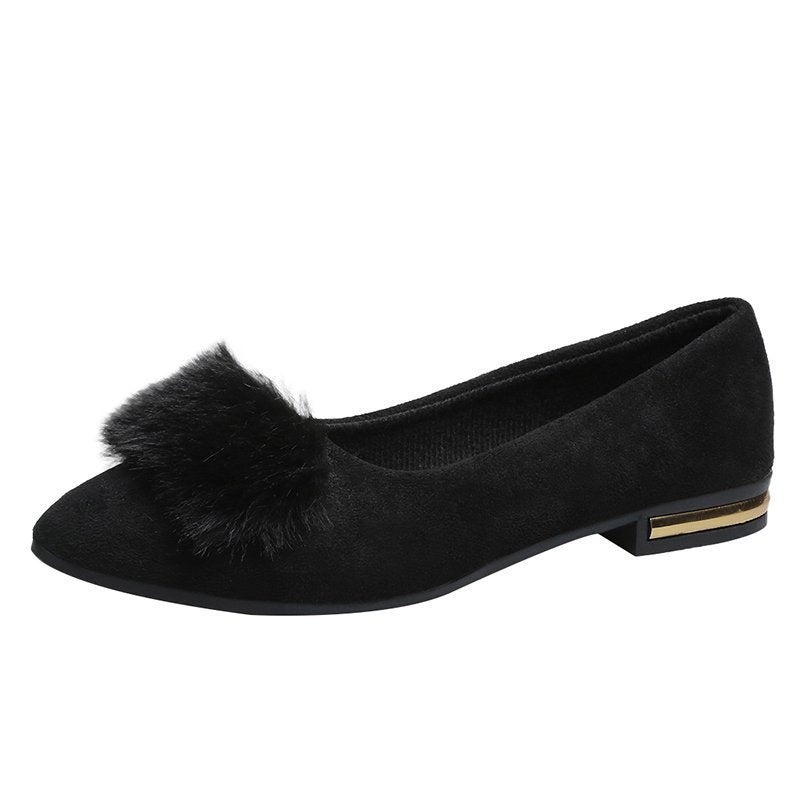 Women's pointed ballerina with faux velvet upper material, faux fur pompon, and metallic heel appliqué Mune Fashion