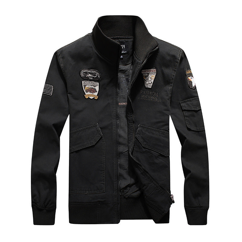 Men's Canvas Pilot Jacket with Embroidered Patches, Multiple Pockets, and Ribbed Cuffs Mune Fashion
