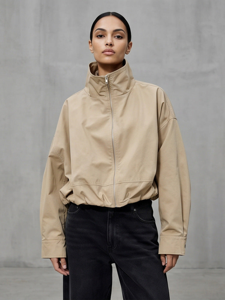 Women's Boxy-Cropped Windbreaker Jacket with High Standing Collar and Straight Hem Mune Fashion