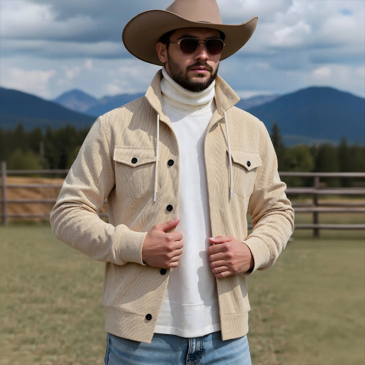 Men's knitted corduroy overshirt jacket with hood, breast pockets and continuous button placket Mune Fashion
