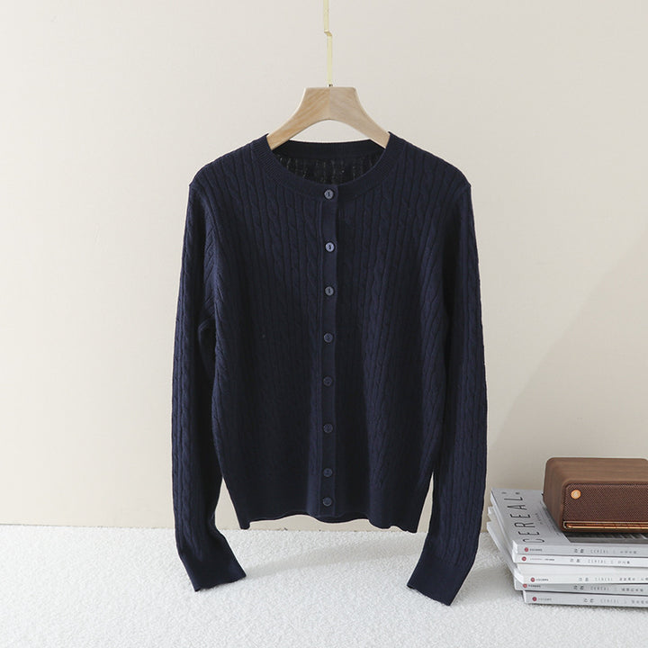 Ladies Fine Cable Knit Cardigan with Round Neck and Continuous Button Placket Mune Fashion