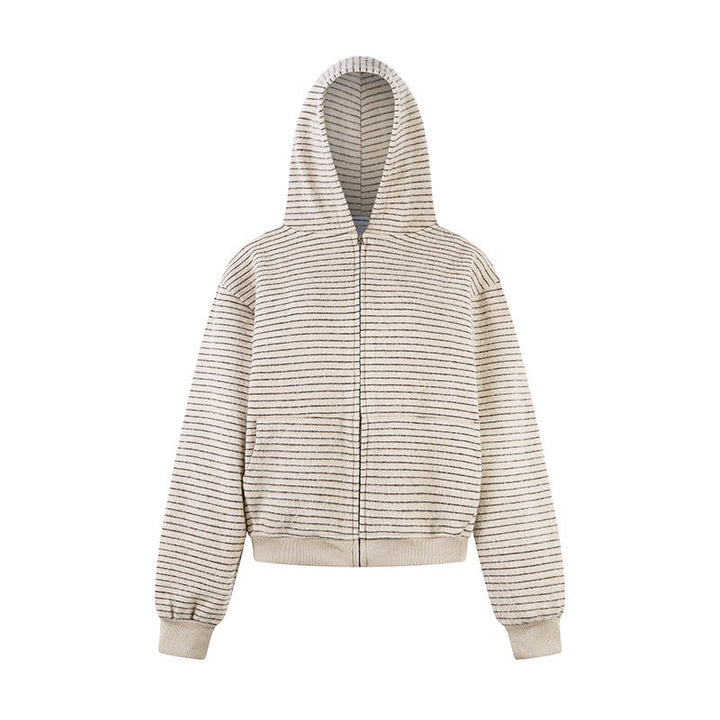 Women's short-cut hooded zip jacket with horizontal stripe relief and elastic waistband Mune Fashion