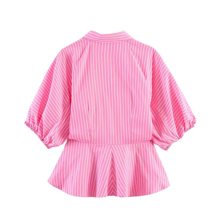Women's Striped Peplum Blouse with Balloon Sleeves and Shirt Collar Mune Fashion