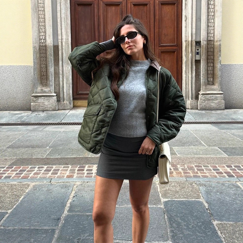 Women's quilted oversized jacket with cord collar, snap button closure and patch flap pockets Mune Fashion