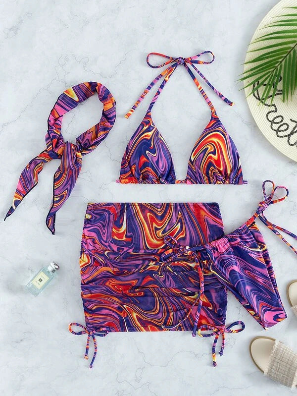 Women's Three-Piece Swim Set with Marbled Pattern Mune Fashion