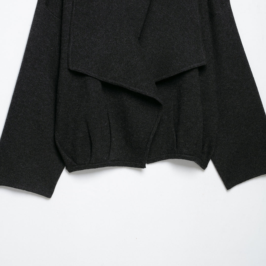 Women's short cut open wool blend cardigan with large shawl collar and boxy cropped silhouette Mune Fashion