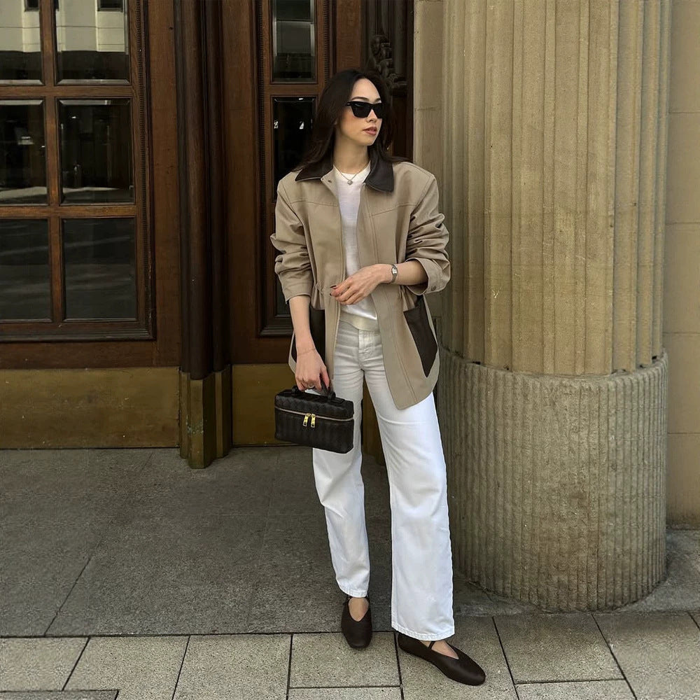 Women Boxy Field Jacket with contrast collar in leather look and appliqued pockets Mune Fashion