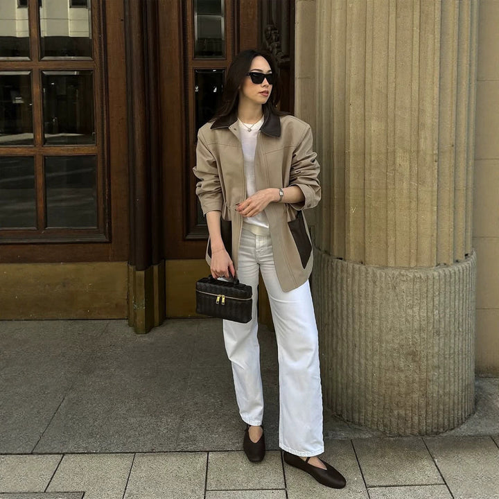 Women Boxy Field Jacket with contrast collar in leather look and appliqued pockets Mune Fashion