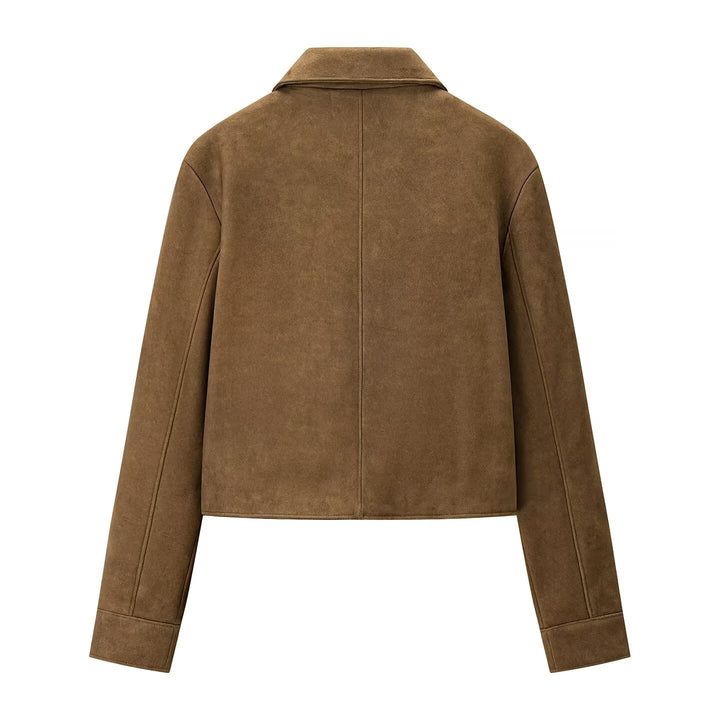 Women's short cut suede look jacket with shirt collar and button placket Mune Fashion