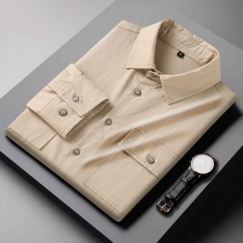 Men's Modern Slim-Fit Cotton Blend Shirt with Chest Pockets and Kent Collar Mune Fashion