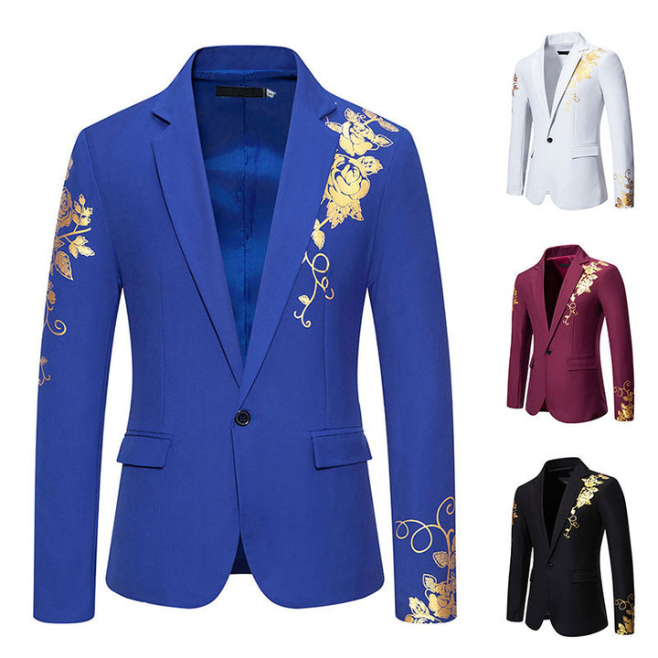 Men's single-breasted jacket with narrow lapels and golden rose print Mune Fashion