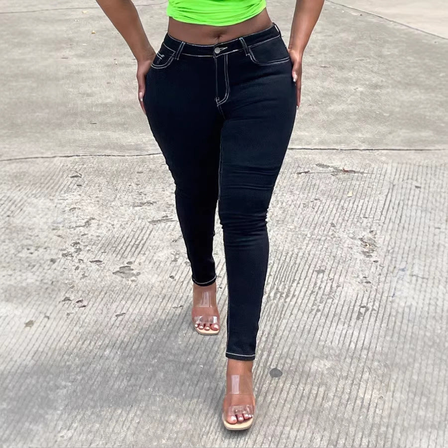 Ladies High-Waist Skinny Jeans with Push-Up Effect and Contrast Stitching Mune Fashion