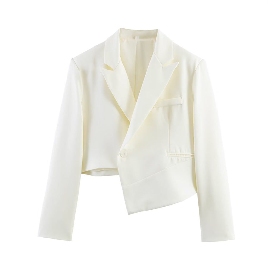 Women Asymmetric Cropped Blazer with Slanted Hemline and Lapel Collar Mune Fashion