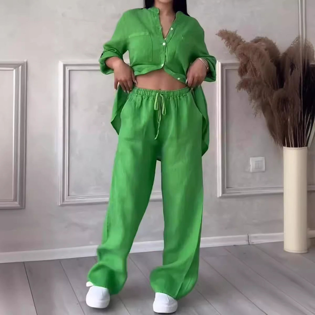 Women's casual linen two-piece set with loose shirt blouse, patch breast pockets, and elastic drawstring waistband Mune Fashion