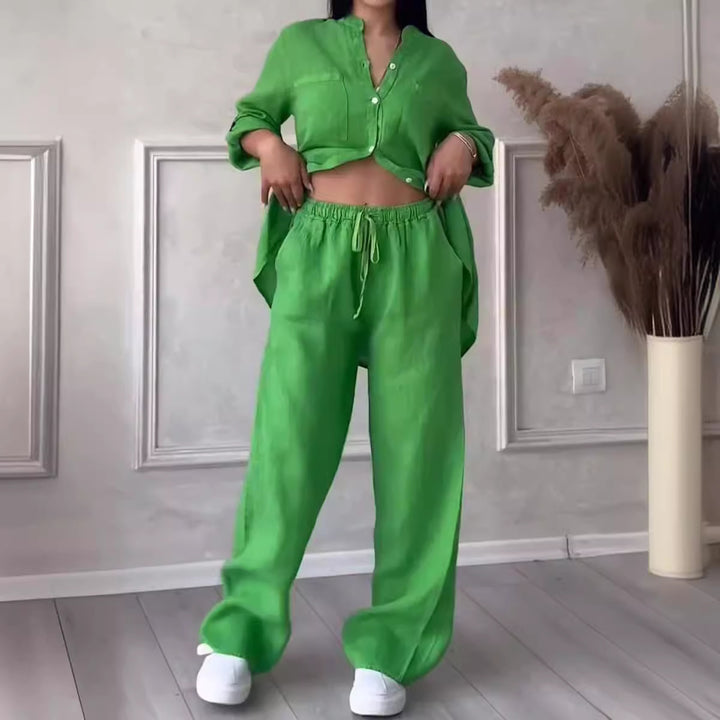 Women's casual linen two-piece set with loose shirt blouse, patch breast pockets, and elastic drawstring waistband Mune Fashion