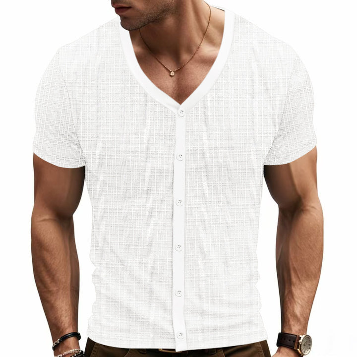 Men's short-sleeve fine knit cardigan with V-neck and continuous button placket Mune Fashion