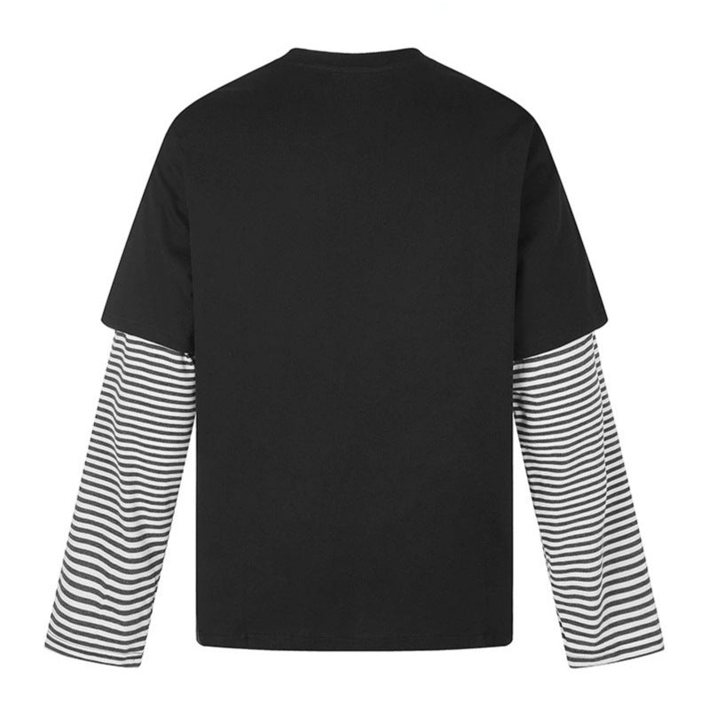 Women's Layered Long Sleeve Shirt with Striped Insert Sleeves and Vintage Print Mune Fashion