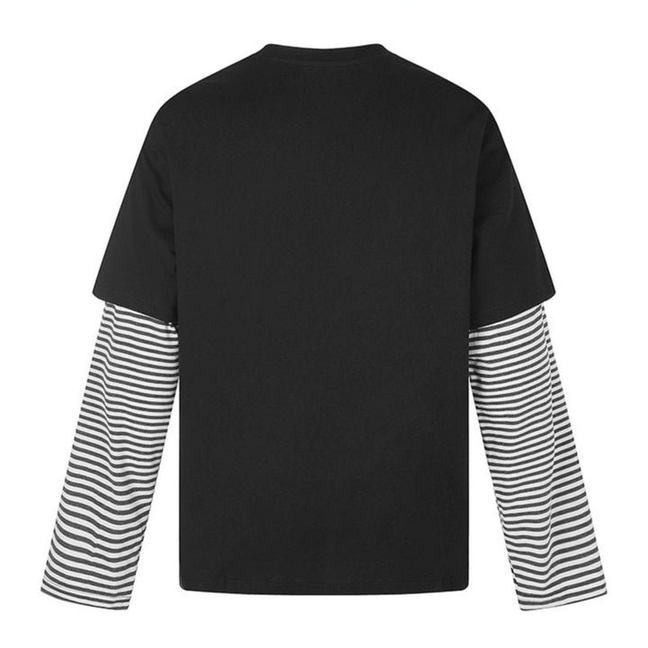 Women's Layered Long Sleeve Shirt with Striped Insert Sleeves and Vintage Print Mune Fashion